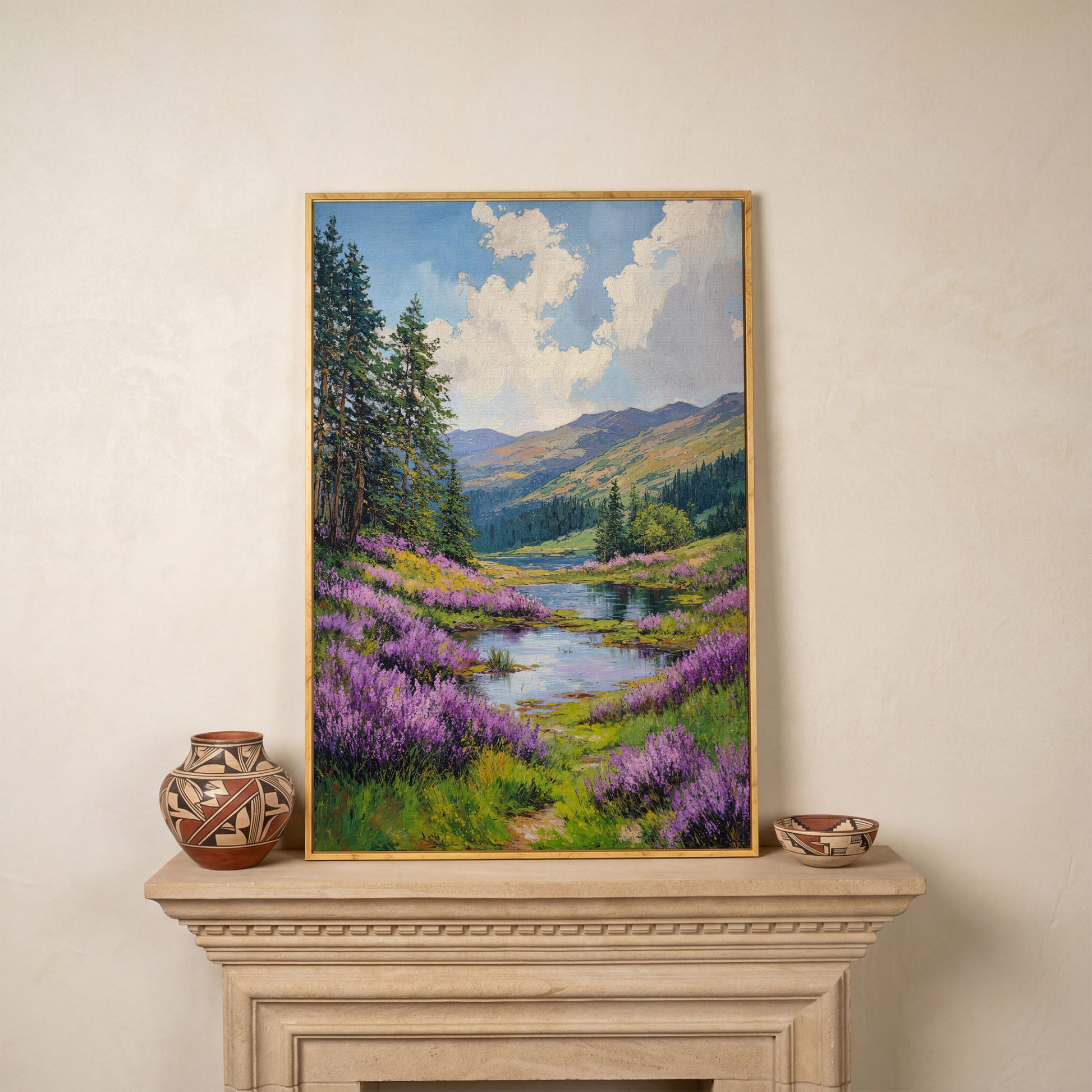 Serene Mountain Landscape Canvas with Wildflower Meadow in white oak floating frame