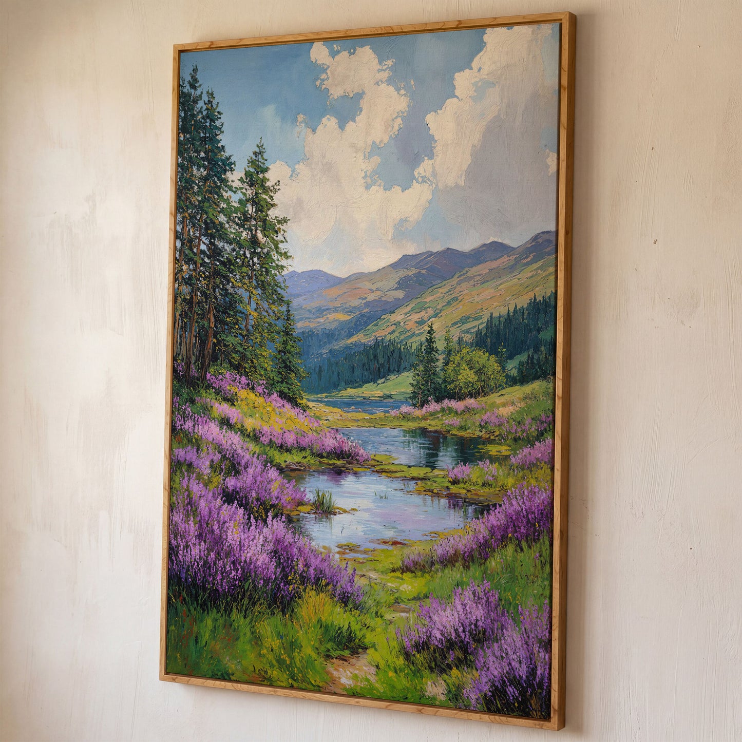 Serene Mountain Landscape Canvas with Wildflower Meadow shown in white oak floating frame