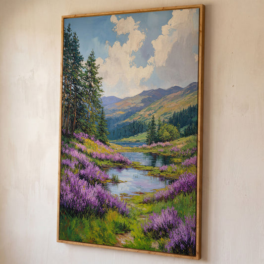 Serene Mountain Landscape Canvas with Wildflower Meadow shown in white oak floating frame