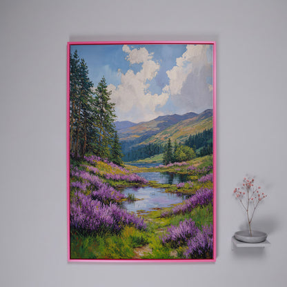 Serene Mountain Landscape Canvas with Wildflower Meadow in pink floating frame
