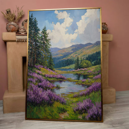 Serene Mountain Landscape Canvas with Wildflower Meadow in rose gold floating frame
