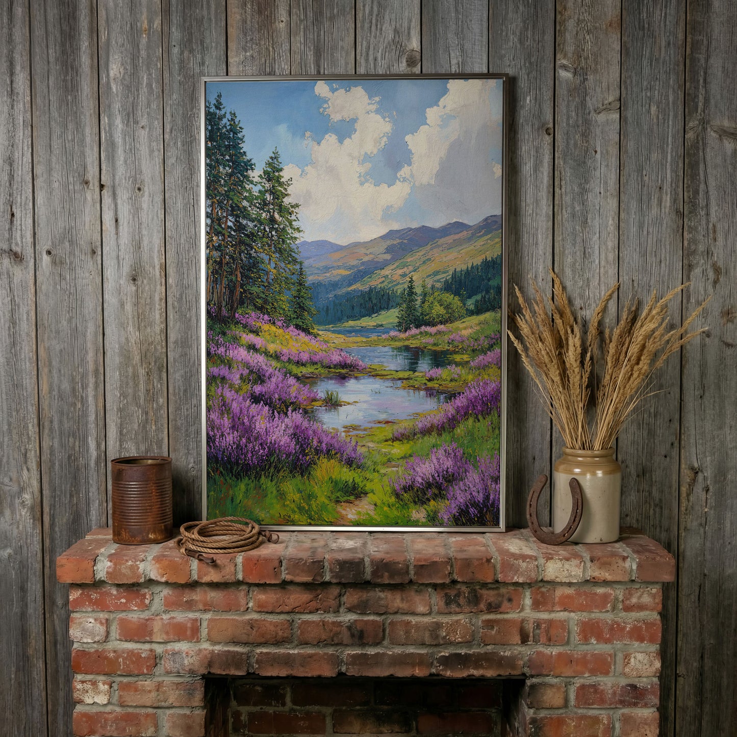 Serene Mountain Landscape Canvas with Wildflower Meadow in silver floating frame