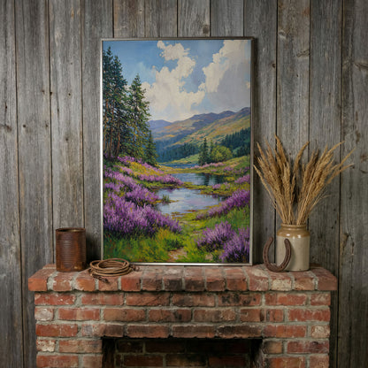 Serene Mountain Landscape Canvas with Wildflower Meadow in silver floating frame