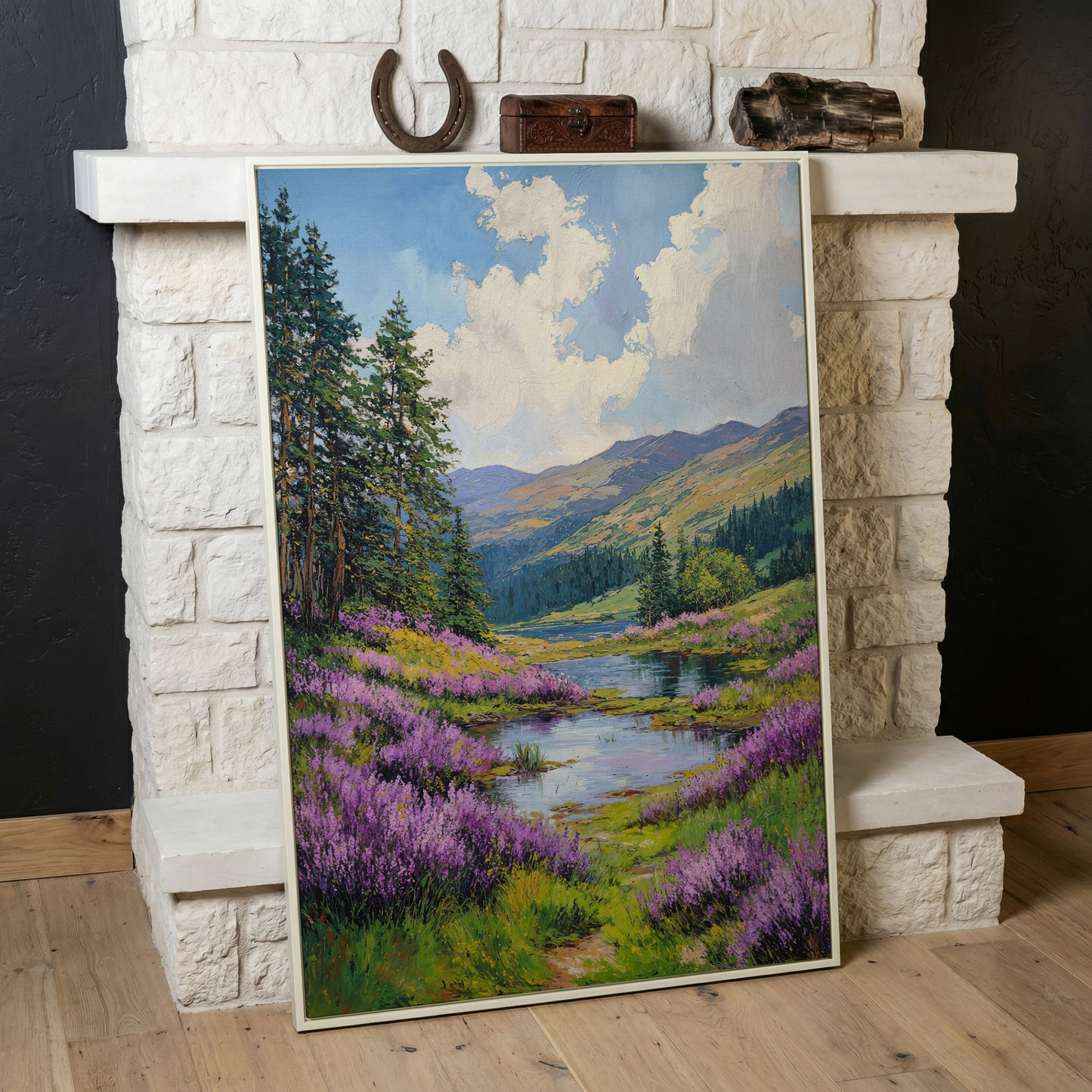 Serene Mountain Landscape Canvas with Wildflower Meadow in white floating frame