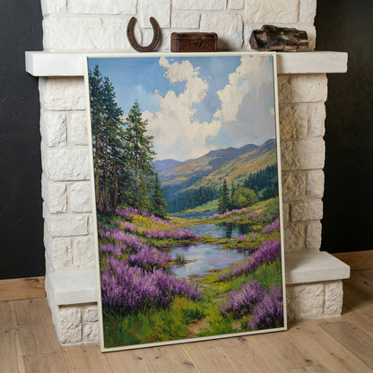Serene Mountain Landscape Canvas with Wildflower Meadow in white floating frame