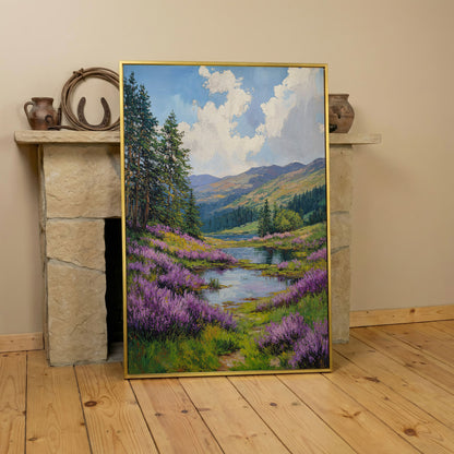 Serene Mountain Landscape Canvas with Wildflower Meadow in yellow gold floating frame