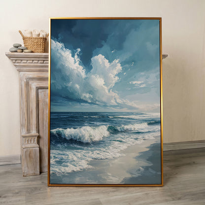 Majestic Ocean Waves Seascape Canvas in antique gold floating frame