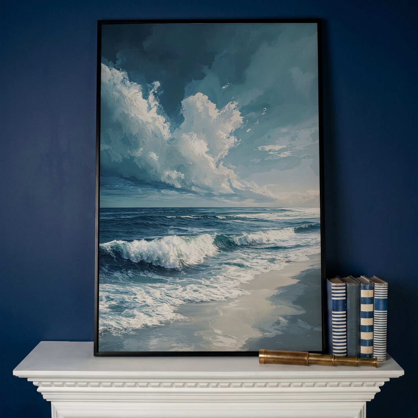 Majestic Ocean Waves Seascape Canvas in black floating frame