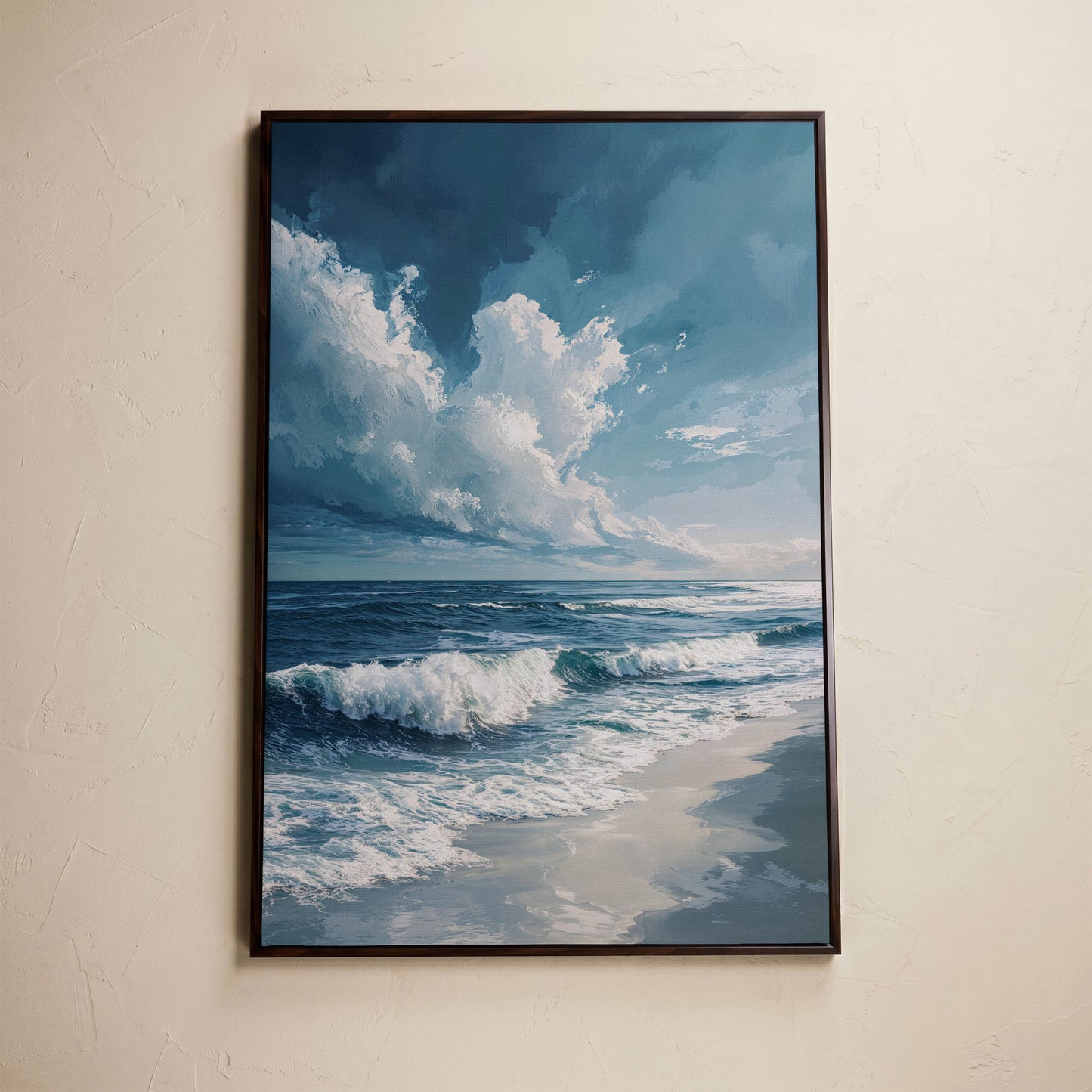 Majestic Ocean Waves Seascape Canvas in dark walnut floating frame