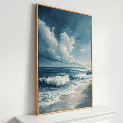 Majestic Ocean Waves Seascape Canvas in white oak floating frame