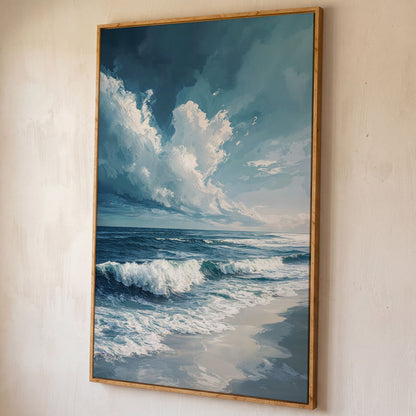 Majestic Ocean Waves Seascape Canvas shown in white oak floating frame