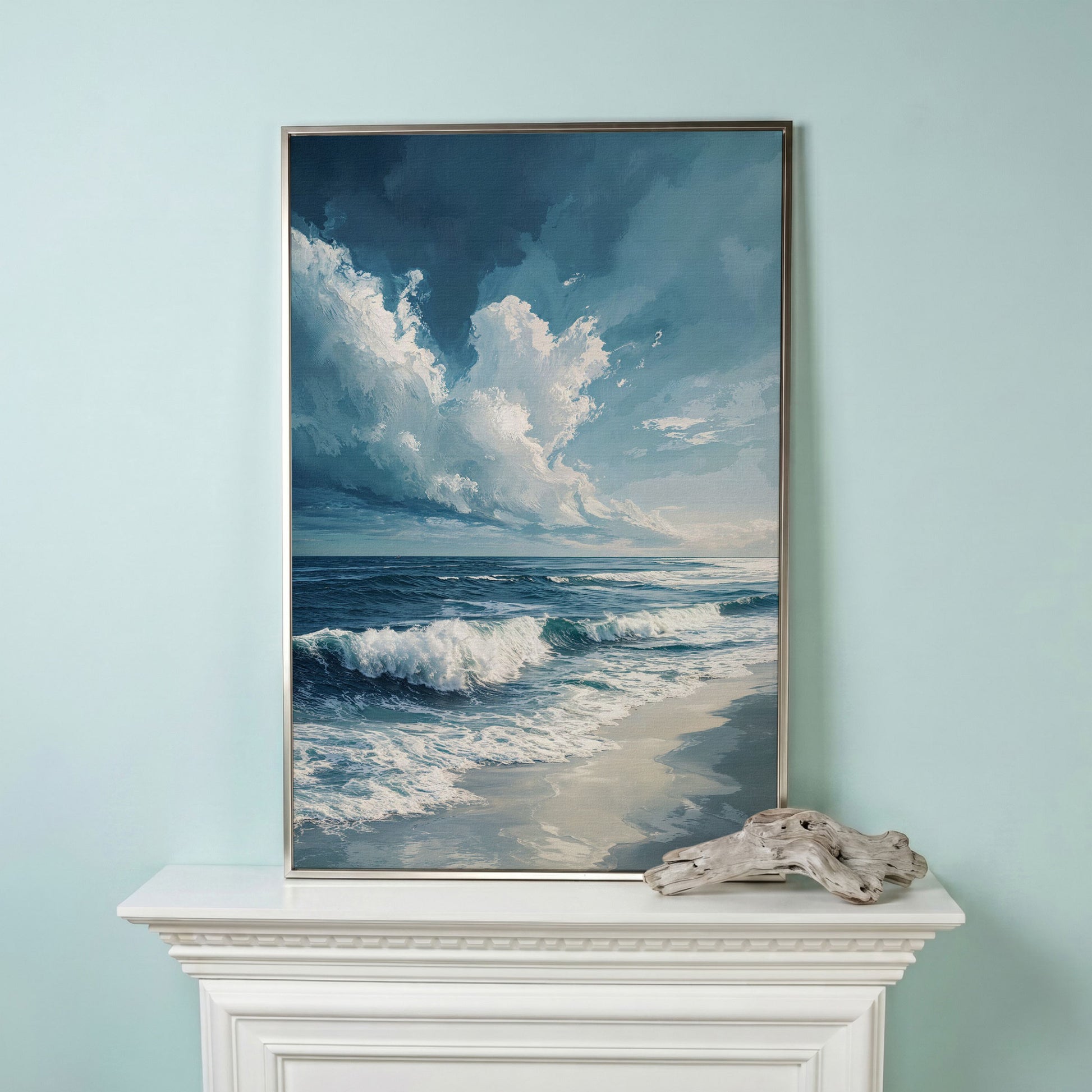 Majestic Ocean Waves Seascape Canvas in silver floating frame
