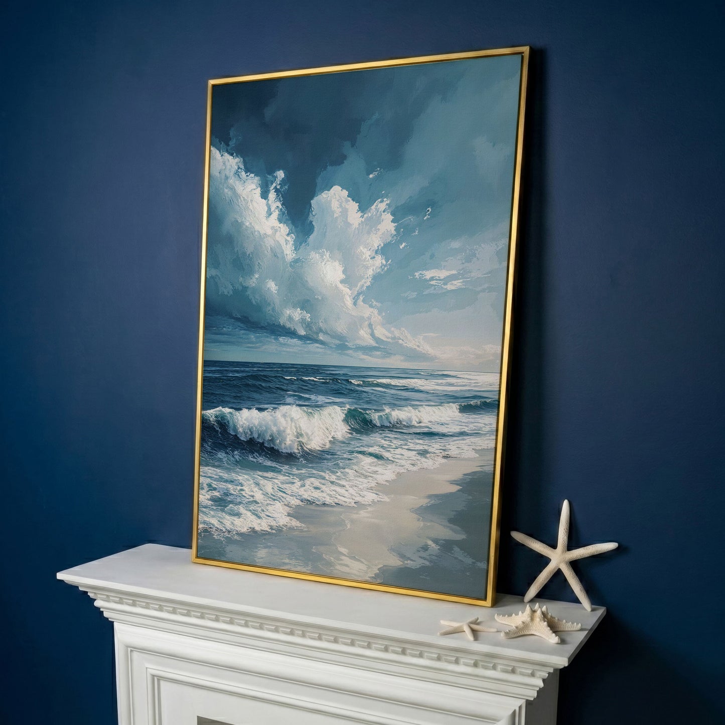 Majestic Ocean Waves Seascape Canvas in yellow gold floating frame