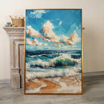 Ocean Waves at Sunrise Canvas Print in antique gold floating frame