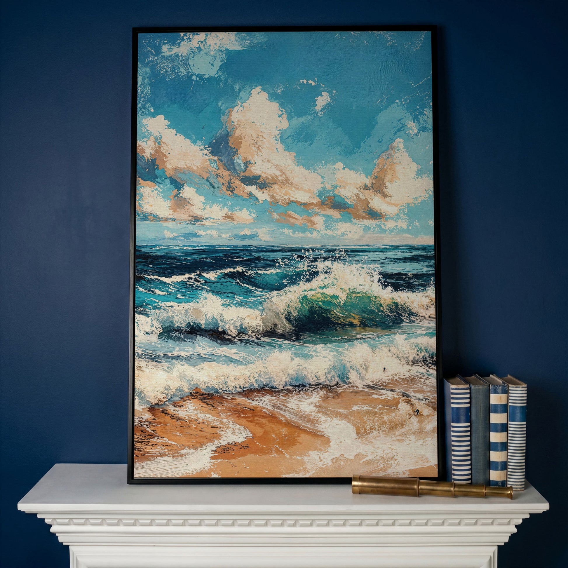 Ocean Waves at Sunrise Canvas Print in black floating frame