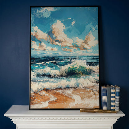 Ocean Waves at Sunrise Canvas Print in black floating frame