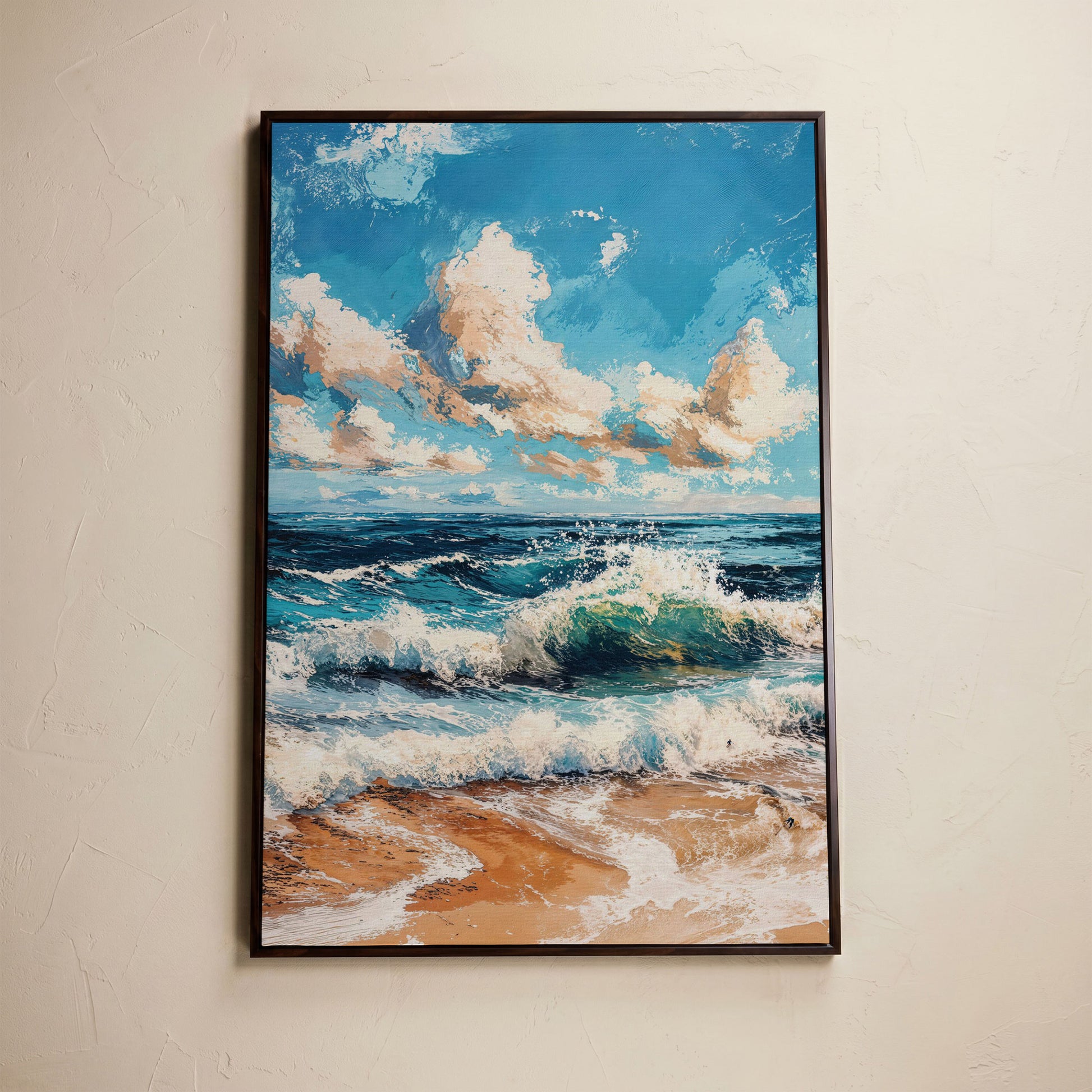 Ocean Waves at Sunrise Canvas Print in dark walnut floating frame
