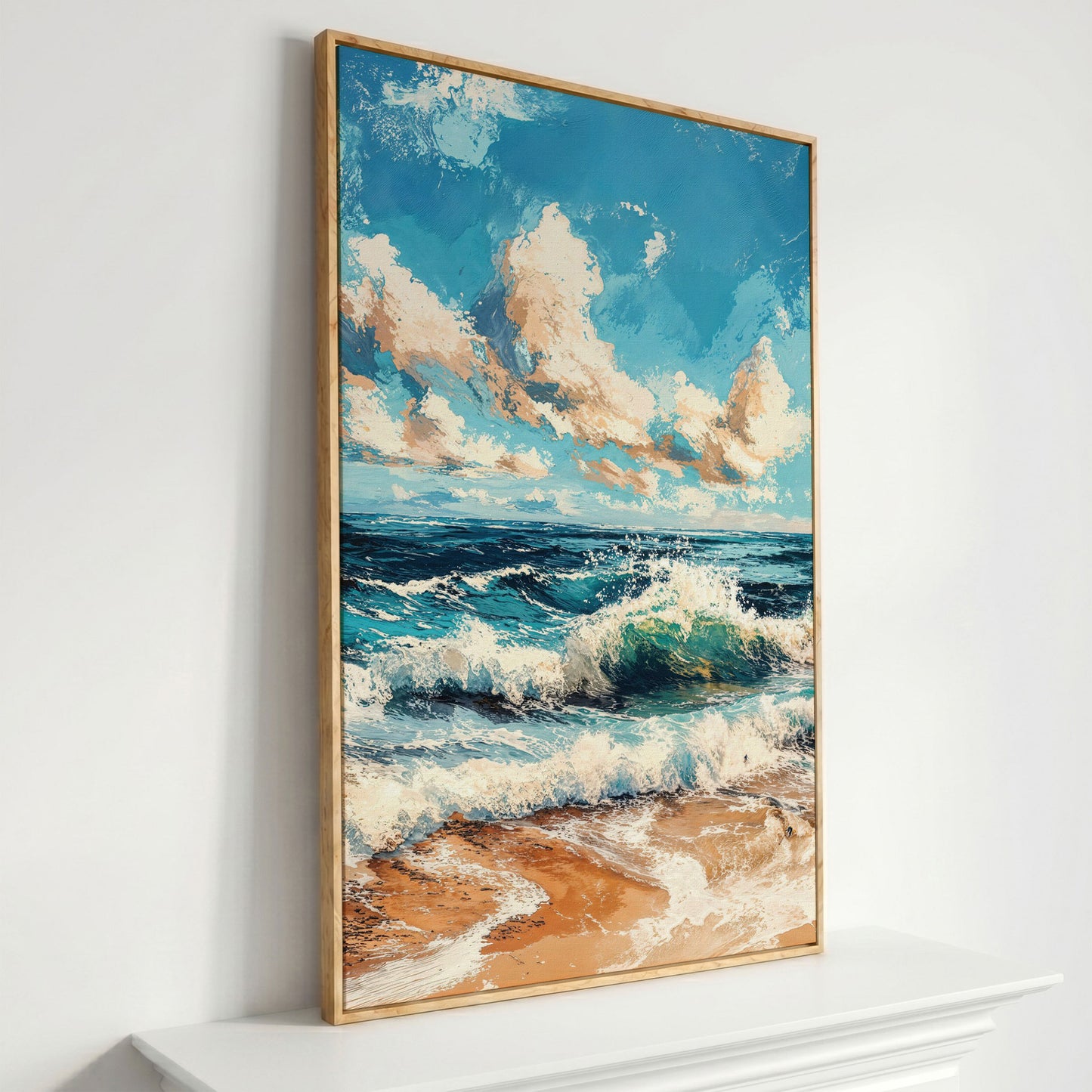 Ocean Waves at Sunrise Canvas Print in white oak floating frame