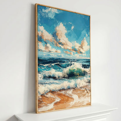 Ocean Waves at Sunrise Canvas Print in white oak floating frame