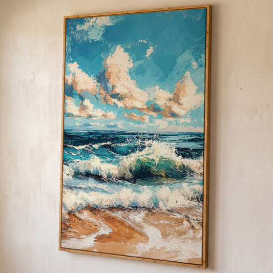 Ocean Waves at Sunrise Canvas Print shown in white oak floating frame