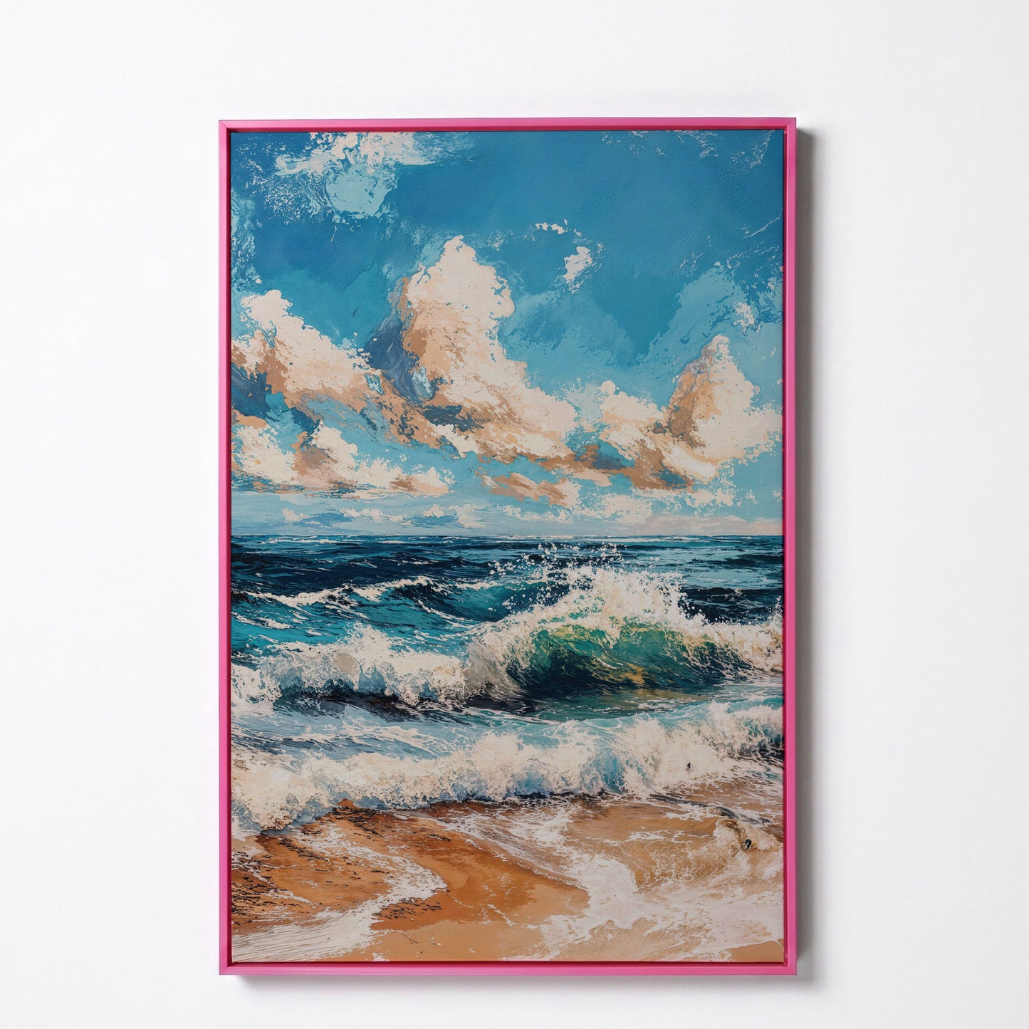 Ocean Waves at Sunrise Canvas Print in pink floating frame