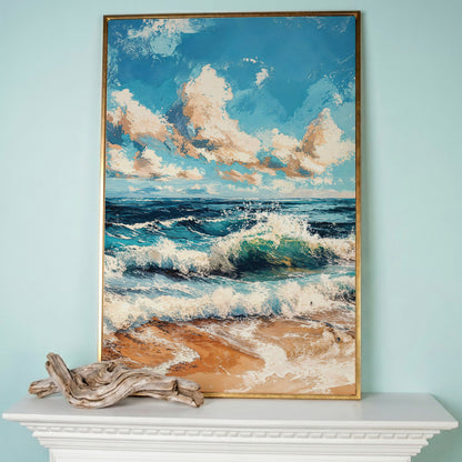 Ocean Waves at Sunrise Canvas Print in rose gold floating frame