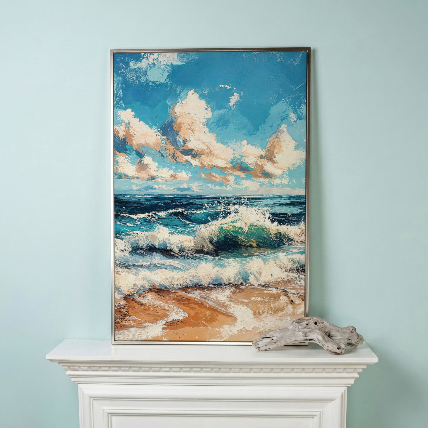 Ocean Waves at Sunrise Canvas Print in silver floating frame