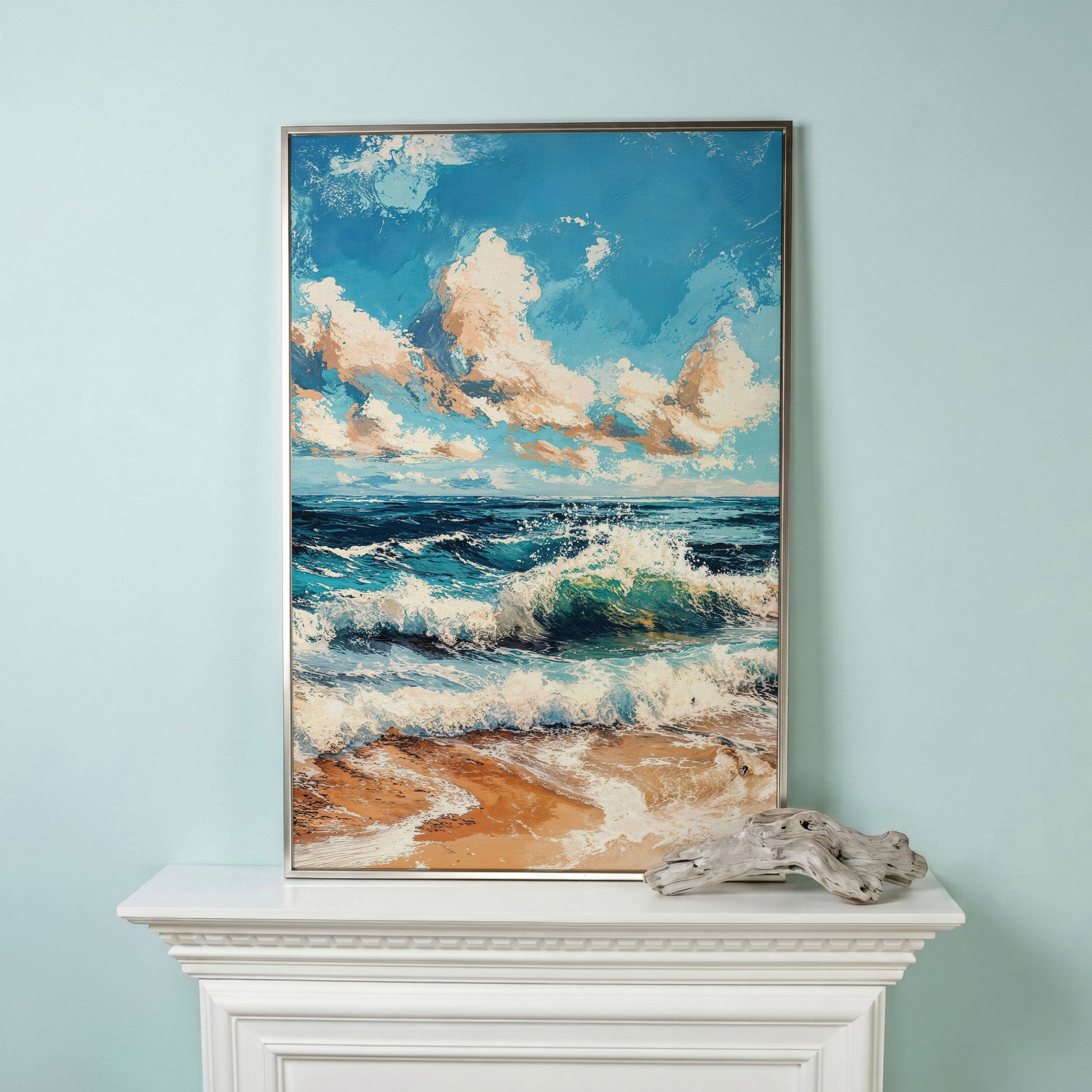 Ocean Waves at Sunrise Canvas Print in silver floating frame