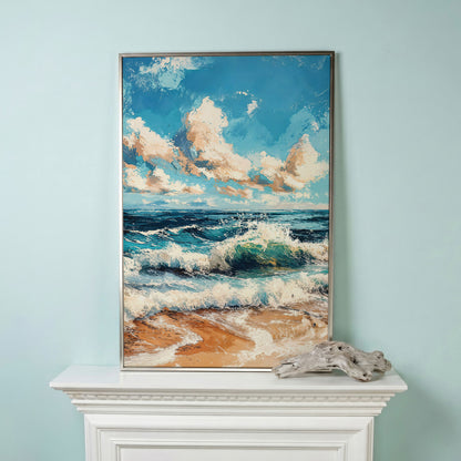 Ocean Waves at Sunrise Canvas Print in silver floating frame