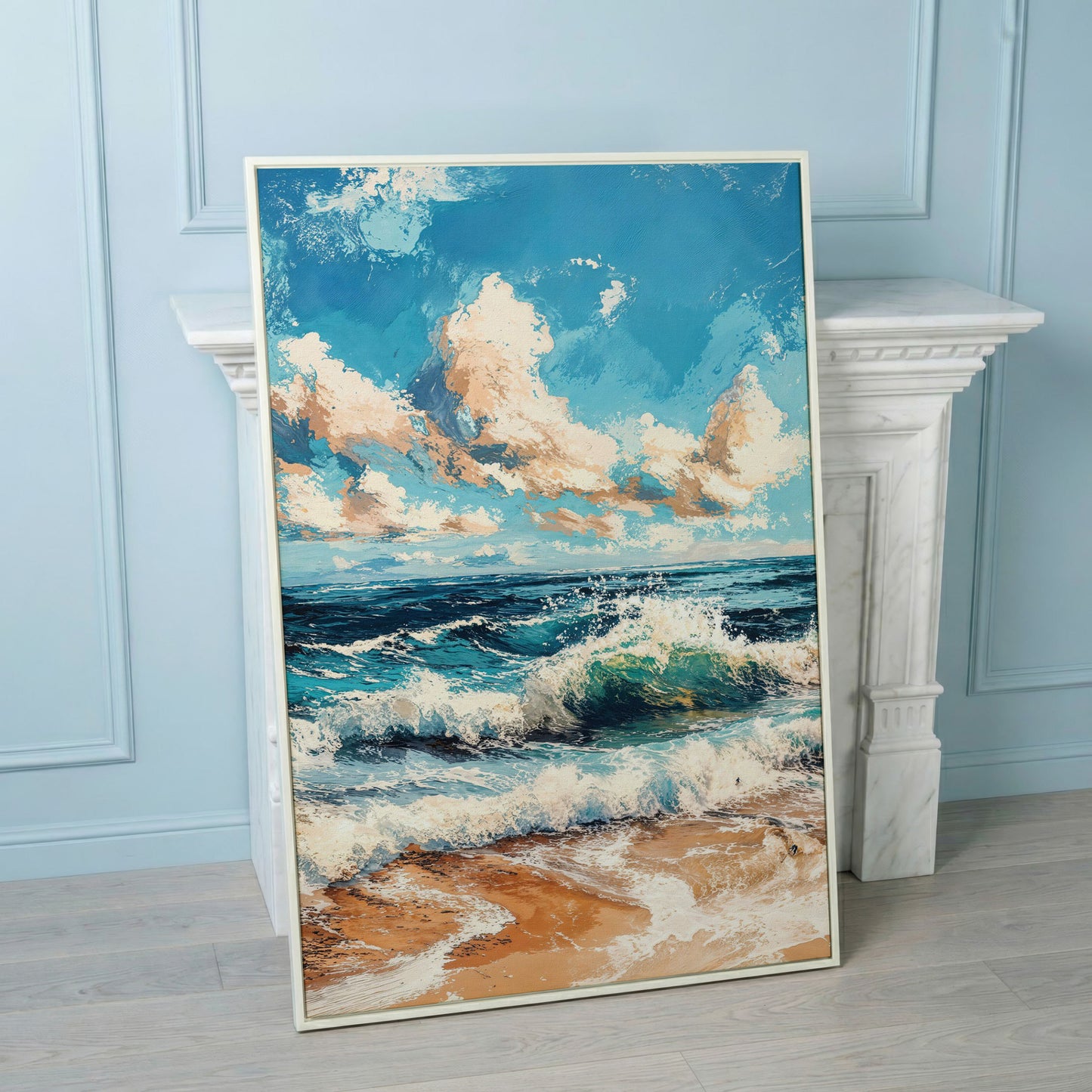 Ocean Waves at Sunrise Canvas Print in white floating frame