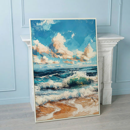 Ocean Waves at Sunrise Canvas Print in white floating frame