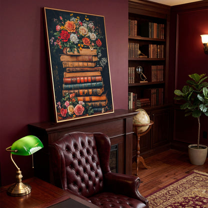 Vintage Books and Roses Canvas Wall Art in antique gold floating frame