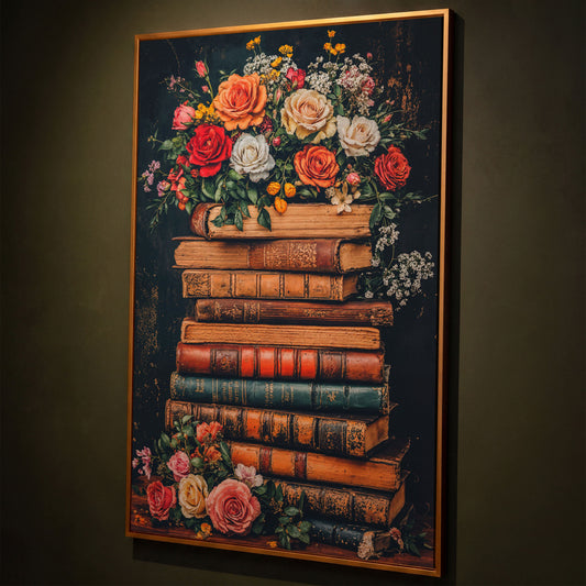 Vintage Books and Roses Canvas Wall Art shown in antique gold floating frame