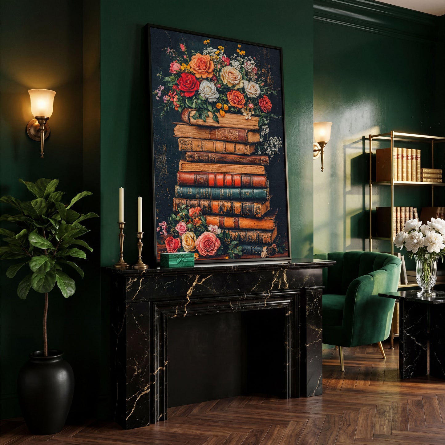 Vintage Books and Roses Canvas Wall Art in black floating frame