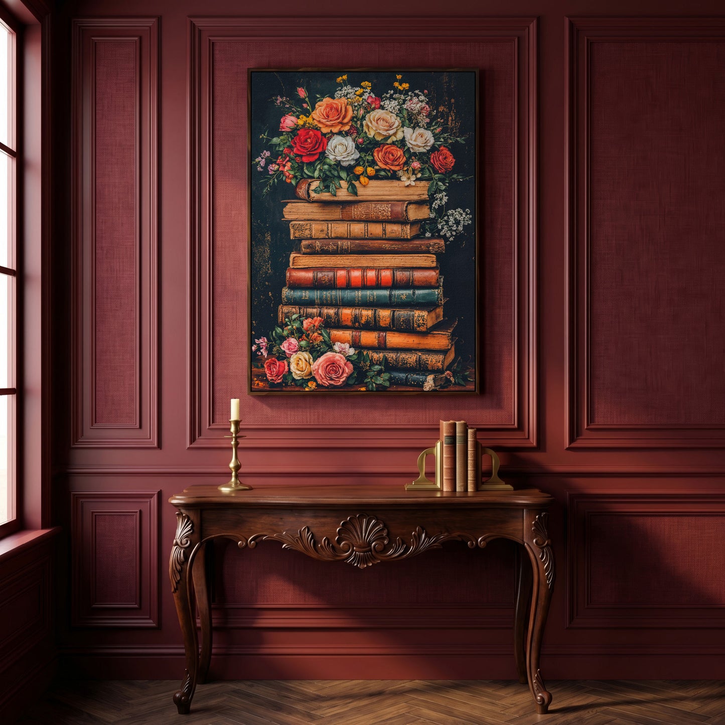 Vintage Books and Roses Canvas Wall Art in dark walnut floating frame