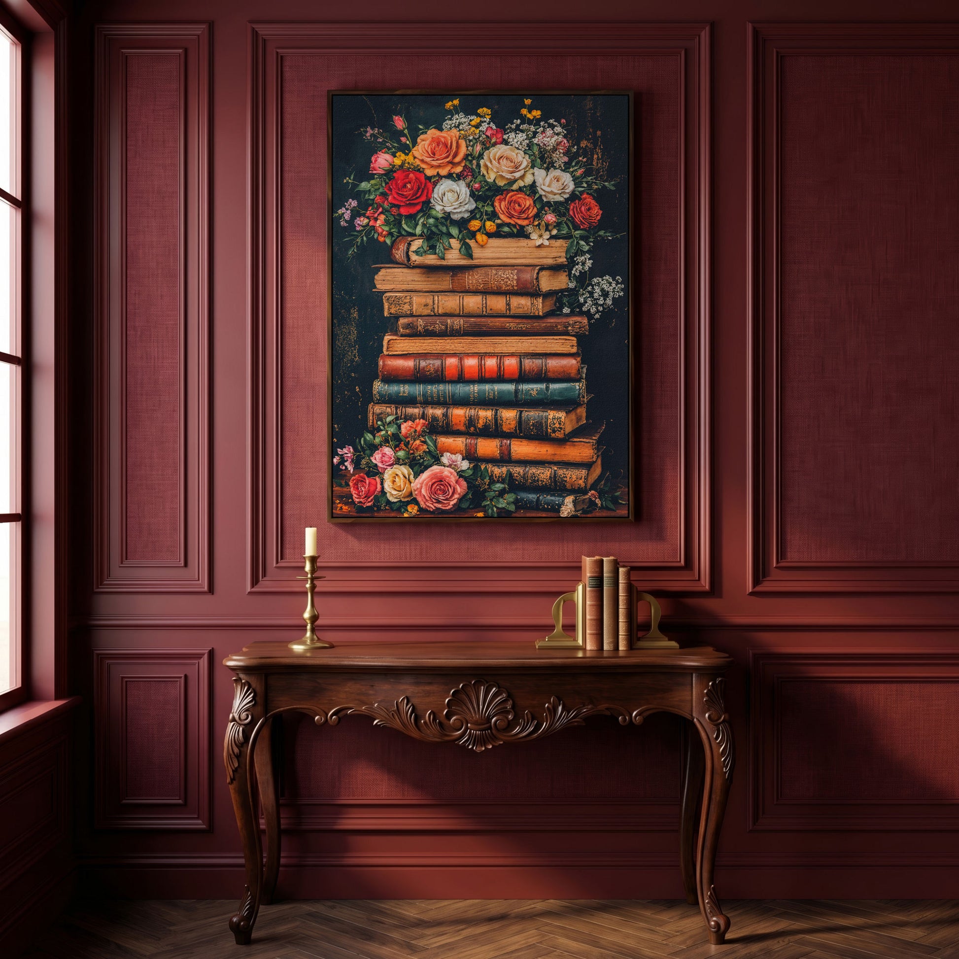 Vintage Books and Roses Canvas Wall Art in dark walnut floating frame