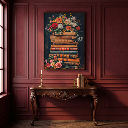 Vintage Books and Roses Canvas Wall Art in dark walnut floating frame