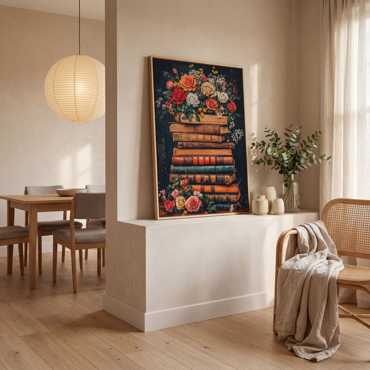 Vintage Books and Roses Canvas Wall Art in white oak floating frame
