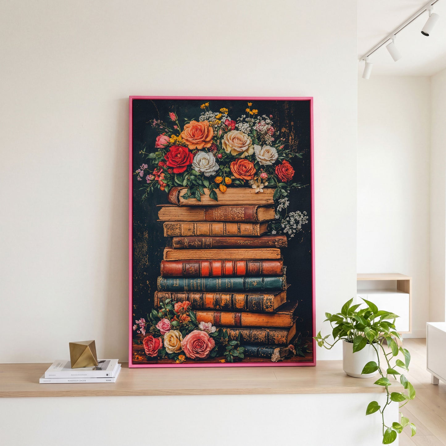 Vintage Books and Roses Canvas Wall Art in pink floating frame