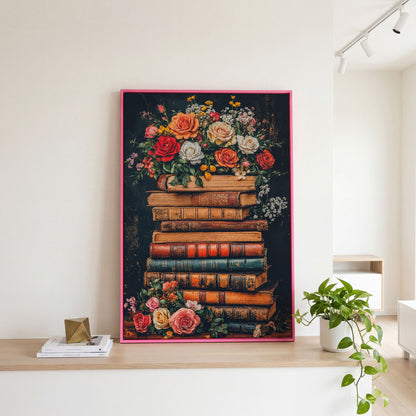 Vintage Books and Roses Canvas Wall Art in pink floating frame