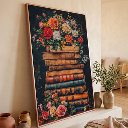 Vintage Books and Roses Canvas Wall Art in rose gold floating frame