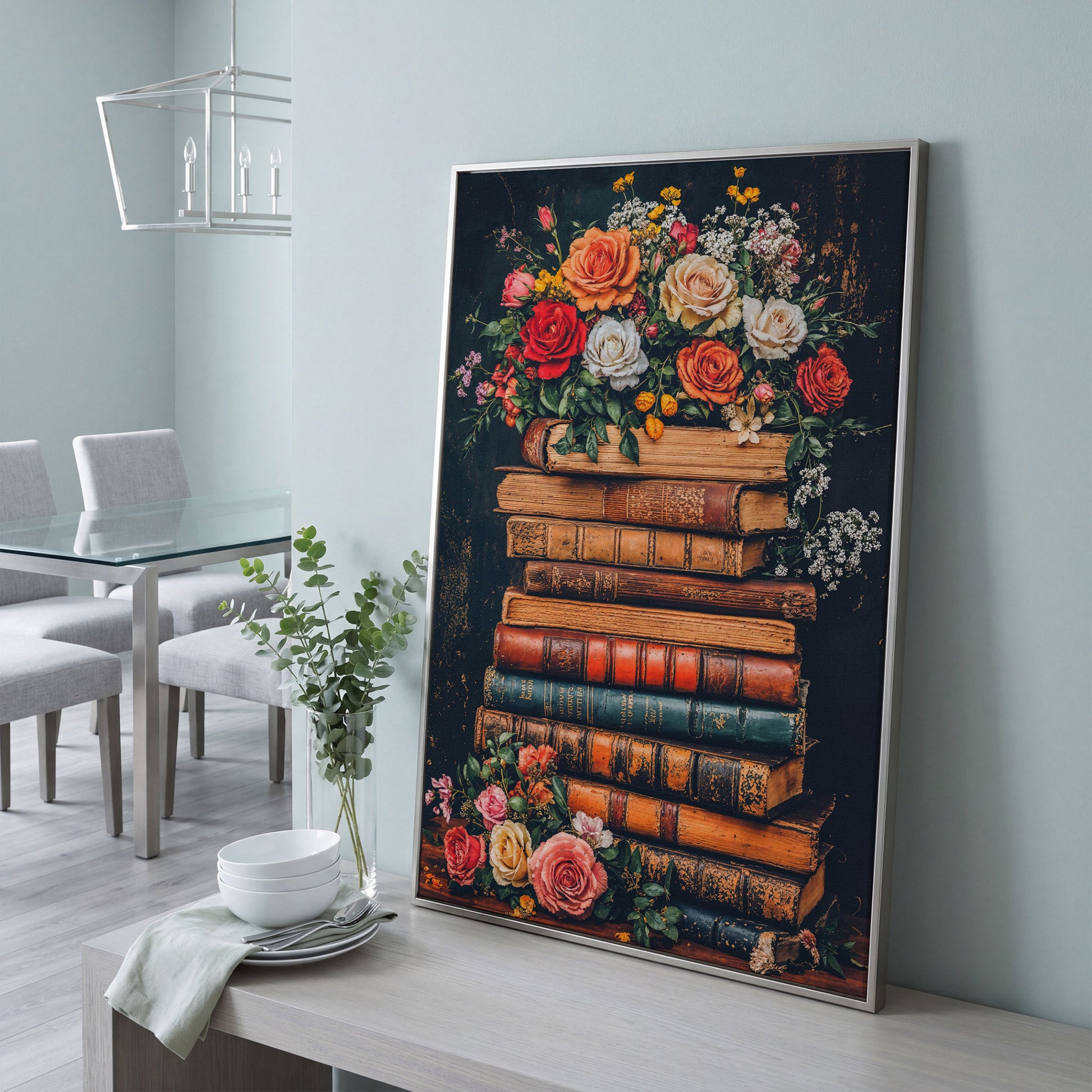 Vintage Books and Roses Canvas Wall Art in silver floating frame