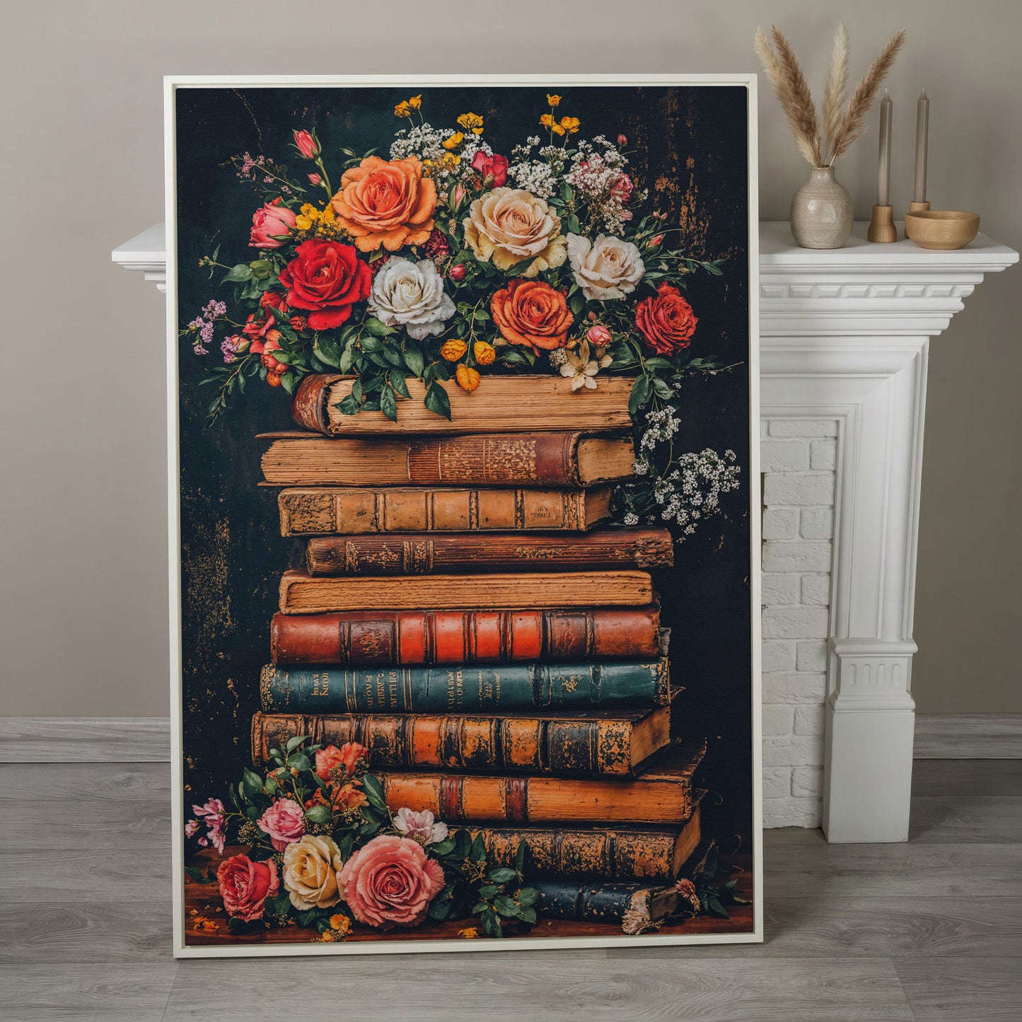 Vintage Books and Roses Canvas Wall Art in white floating frame