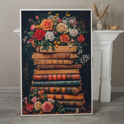 Vintage Books and Roses Canvas Wall Art in white floating frame