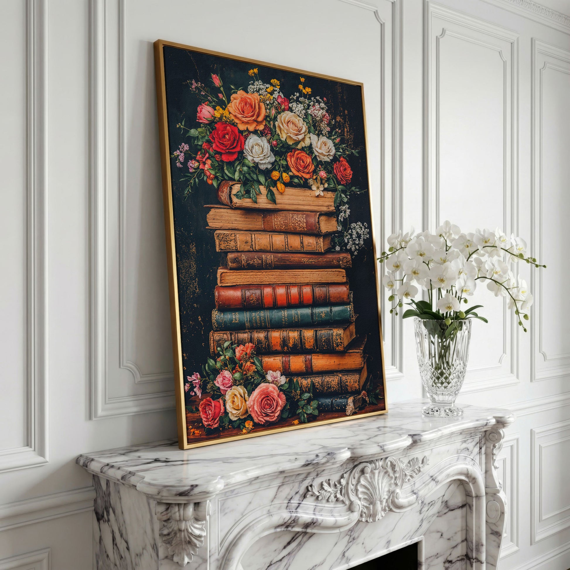 Vintage Books and Roses Canvas Wall Art in yellow gold floating frame