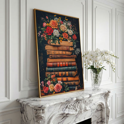 Vintage Books and Roses Canvas Wall Art in yellow gold floating frame