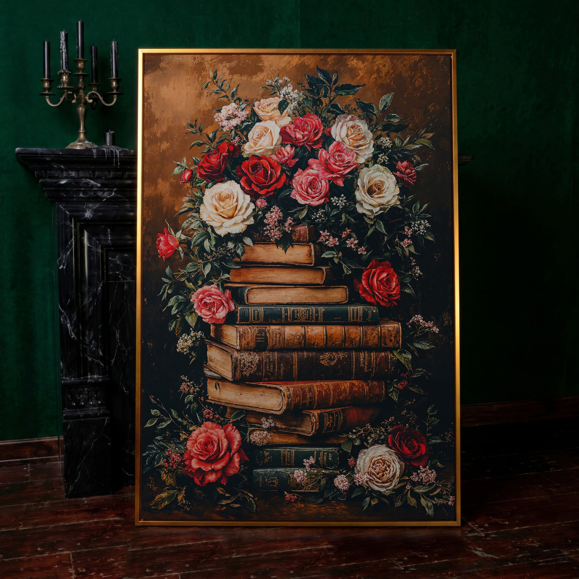 Vintage Book Stack with Roses Canvas in antique gold floating frame