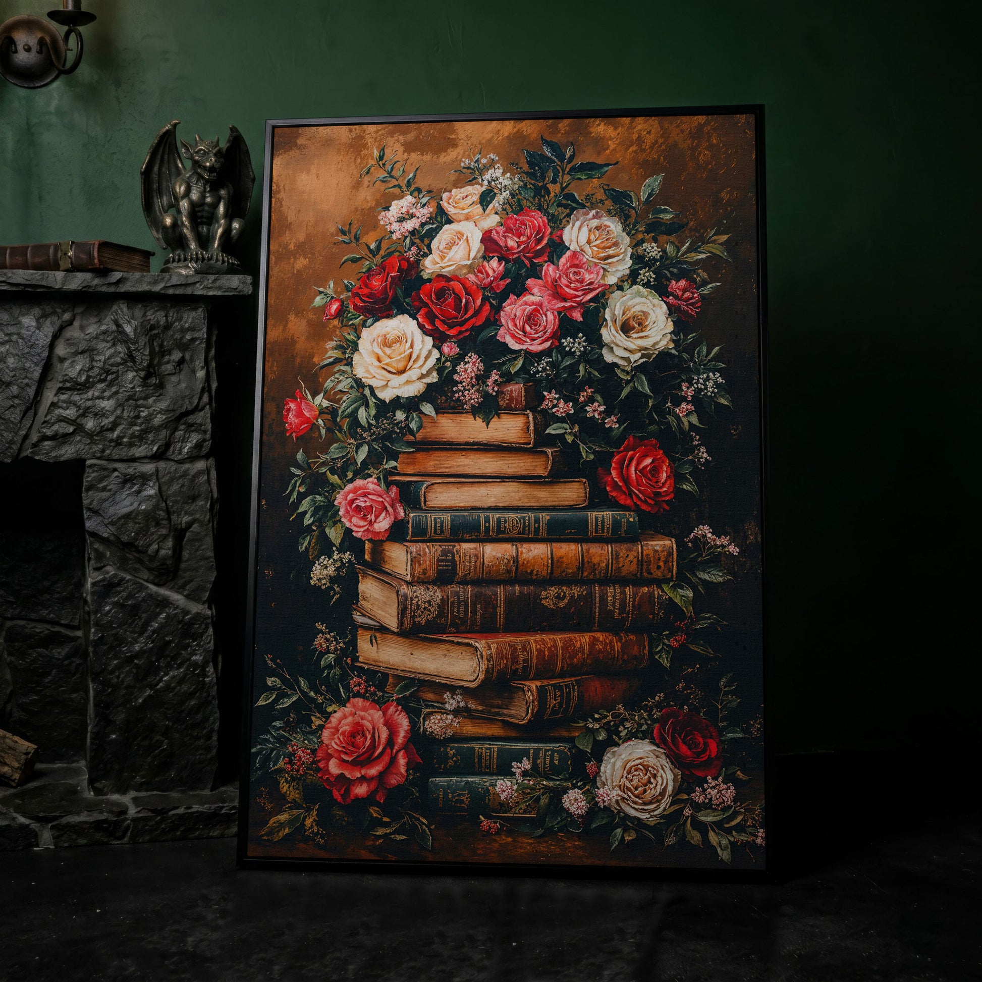 Vintage Book Stack with Roses Canvas in black floating frame