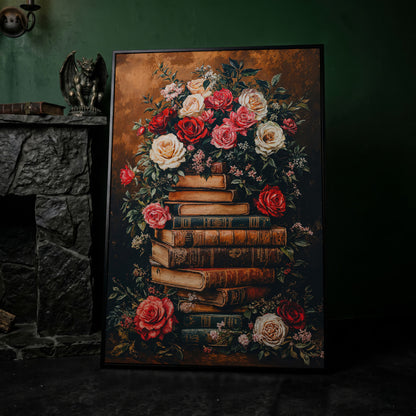 Vintage Book Stack with Roses Canvas in black floating frame
