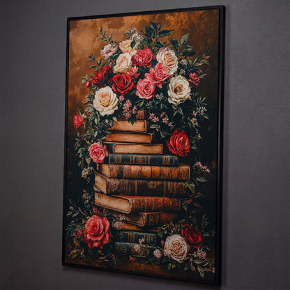 Vintage Book Stack with Roses Canvas shown in black floating frame